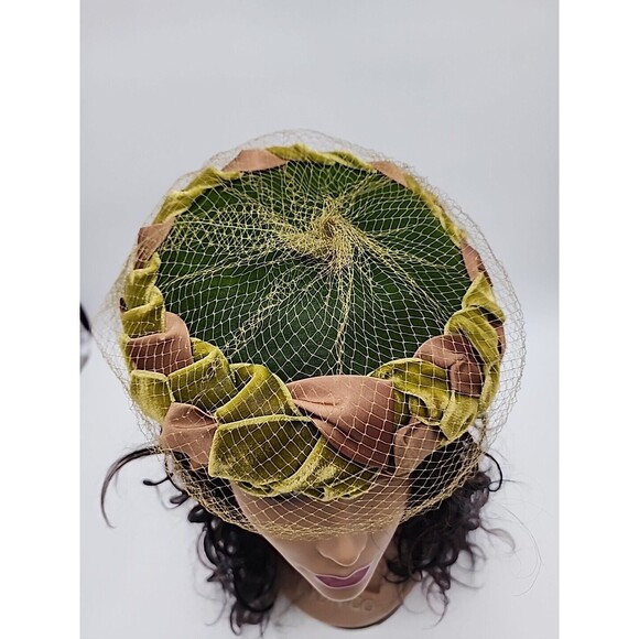 VTG Hat Union Made Olive & Brown Velvet & Satin Shell Hat with Veil Netting main image 8